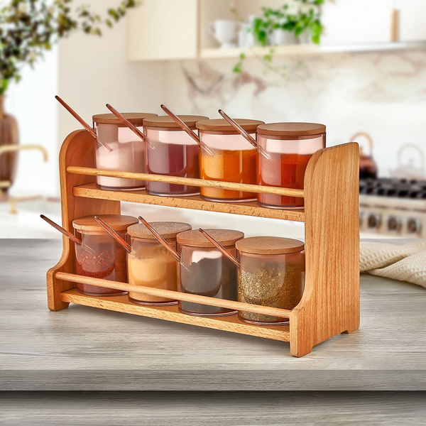 Spice jar rack set Light brown Plastic Wood 12 8x34 3x22 8 cm 275 ml 8 pcs 619PLS1109